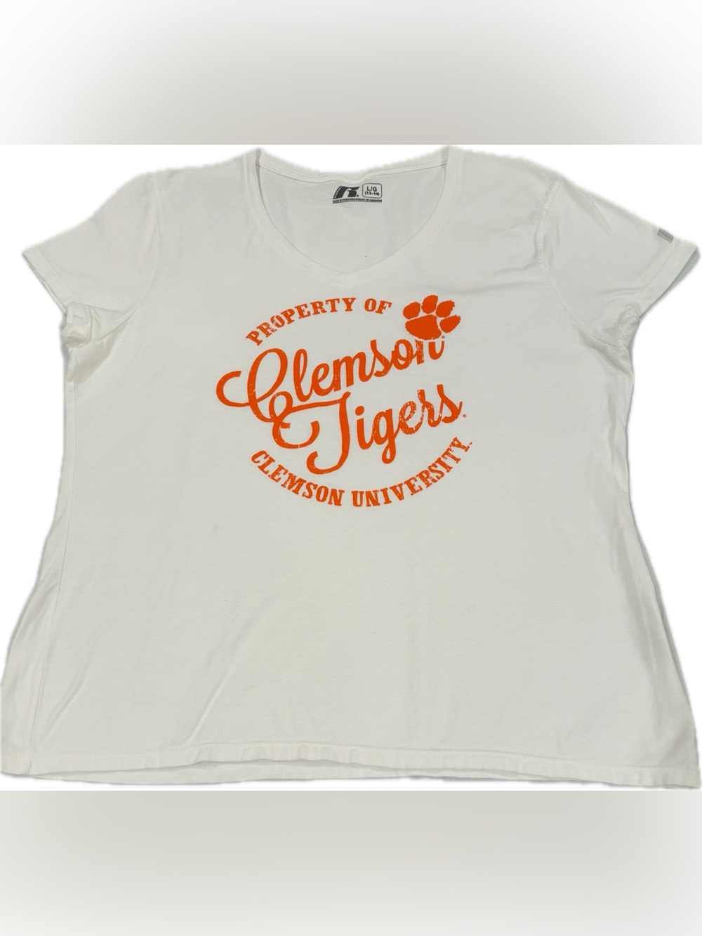 Clemson Tigers Russell Athletic Women's White V-Neck Graphic Tee L (12-14)